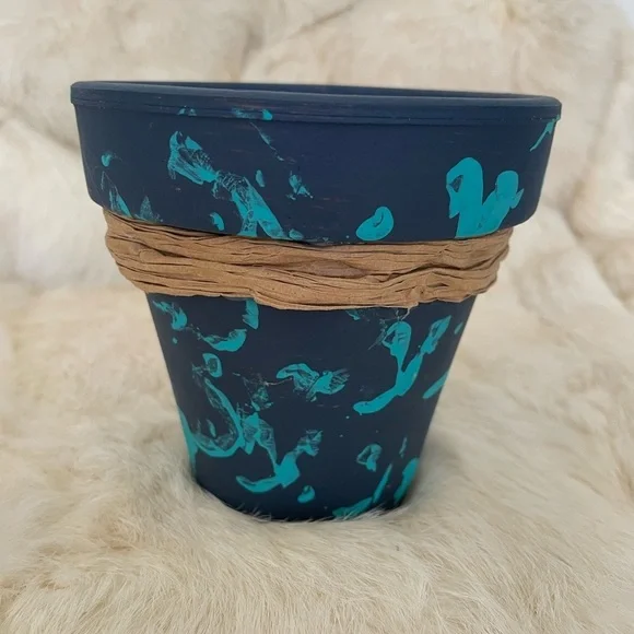 Hand-Painted Blue and Teal Planter with Shell Accent - Picture 3 of 4